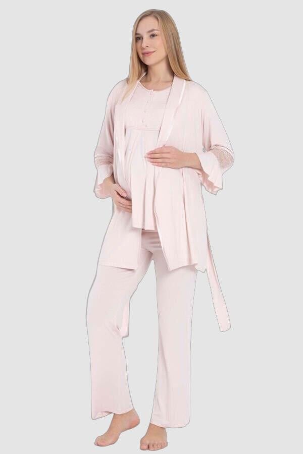 Kısa Kol Bisiklet Yaka Kadın Viskon Dantel Detaylı Hamile Pijama Takımı Sabahlık