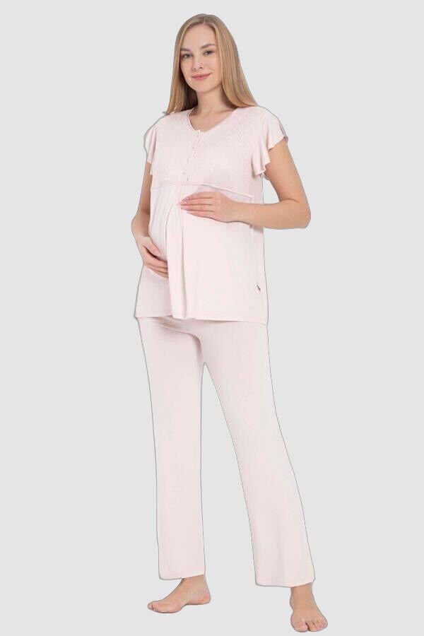 Kısa Kol Bisiklet Yaka Kadın Viskon Dantel Detaylı Hamile Pijama Takımı Sabahlık