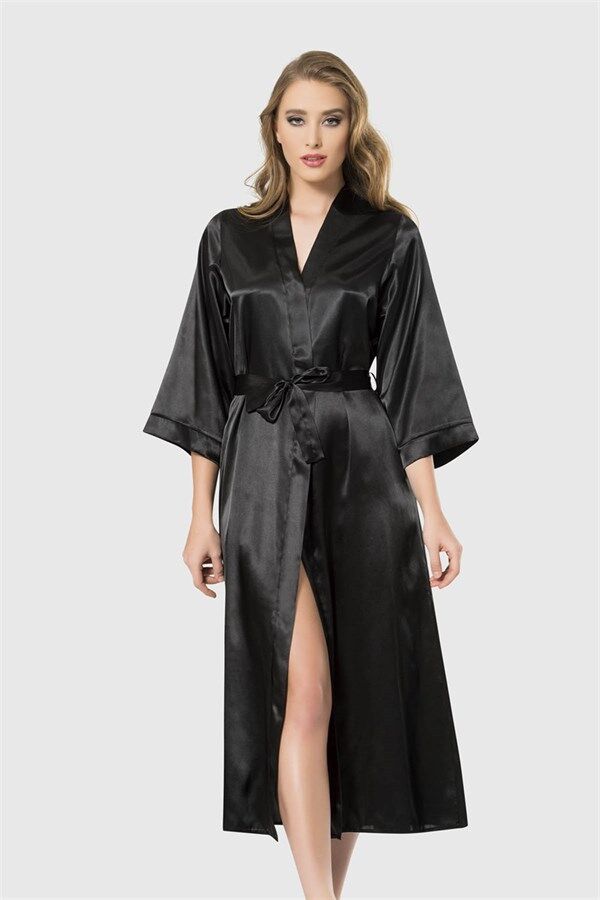 Arias Closet Siyah Uzun Saten Sabahlık