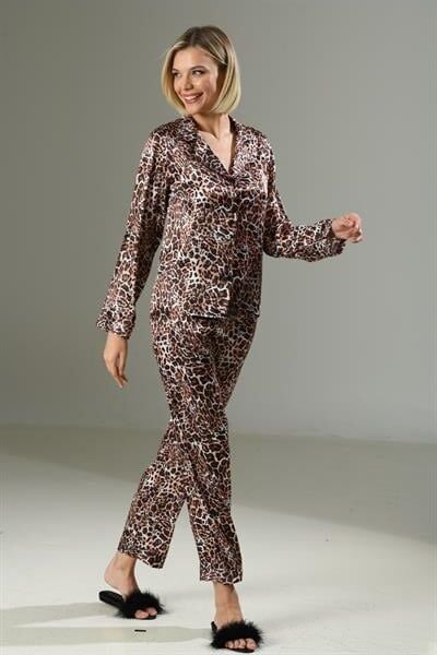 Arias Closet Leopar Desen Yumuşak Dokulu Saten Gecelik Takımı