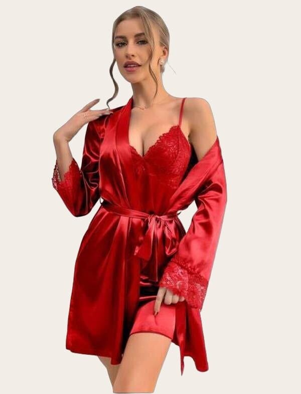 Dantel İşlemeli İnce Askılı Kırmızı Saten 2'li Gecelik Sabahlık Takımı
