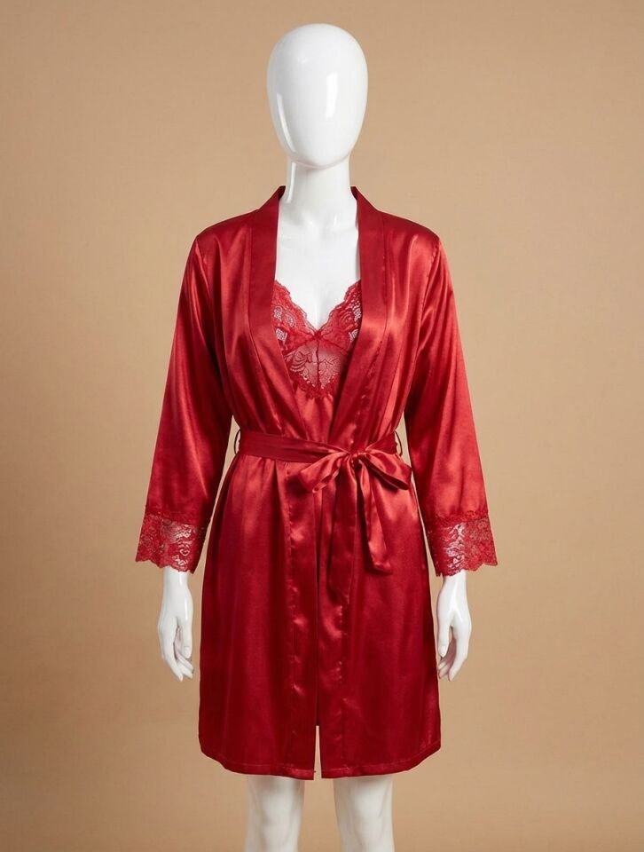 Dantel İşlemeli İnce Askılı Kırmızı Saten 2'li Gecelik Sabahlık Takımı