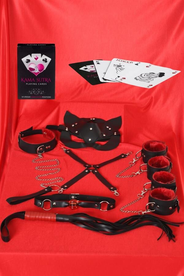 Arias Closet Sexy Görselli Oyun Kartı Kama Sutra 7'li Kırmızı Siyah Harness Set