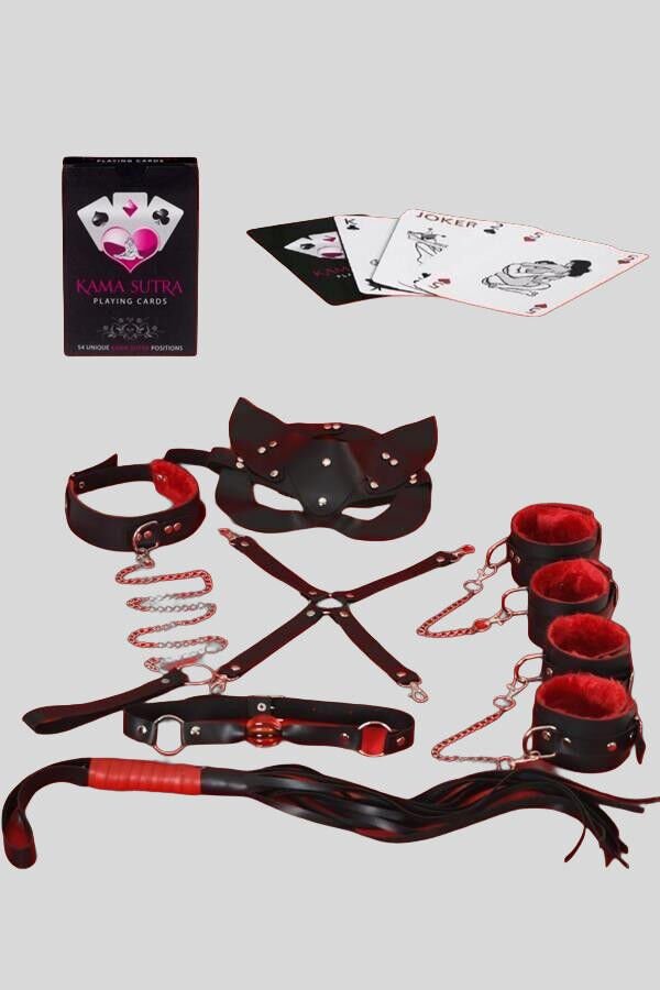 Sexy Görselli Oyun Kartı Kama Sutra 7'li Kırmızı Siyah Harness Set