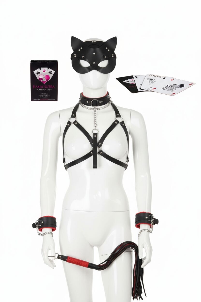 Arias Closet Sexy Görselli Oyun Kartı Kama Sutra 7'li Kırmızı Siyah Harness Set