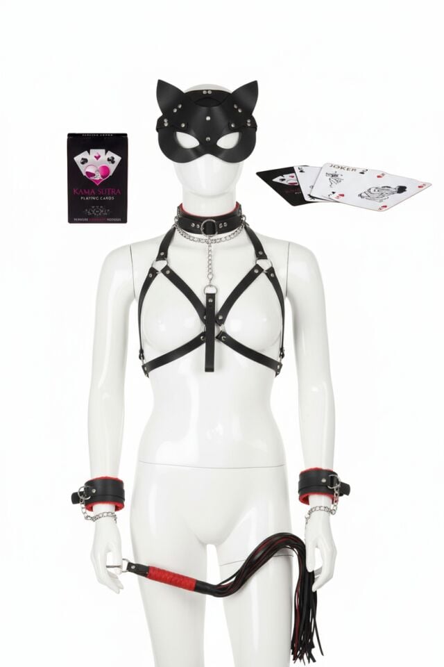 Arias Closet Sexy Görselli Oyun Kartı Kama Sutra 7'li Kırmızı Siyah Harness Set