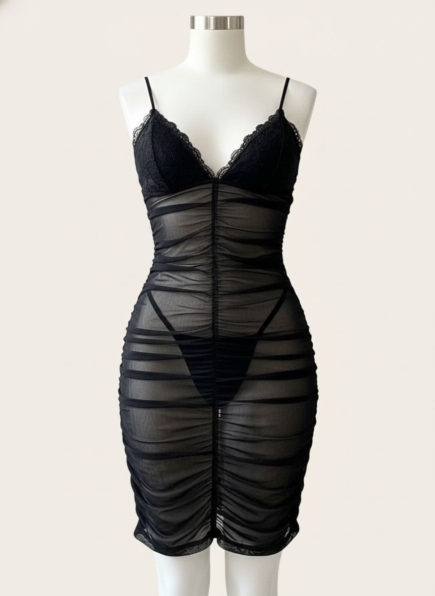 Arias Closet Siyah Transparan Tül Büzgülü Fantezi Gecelik