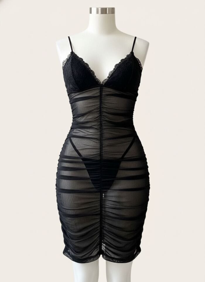 Arias Closet Siyah Transparan Tül Büzgülü Fantezi Gecelik