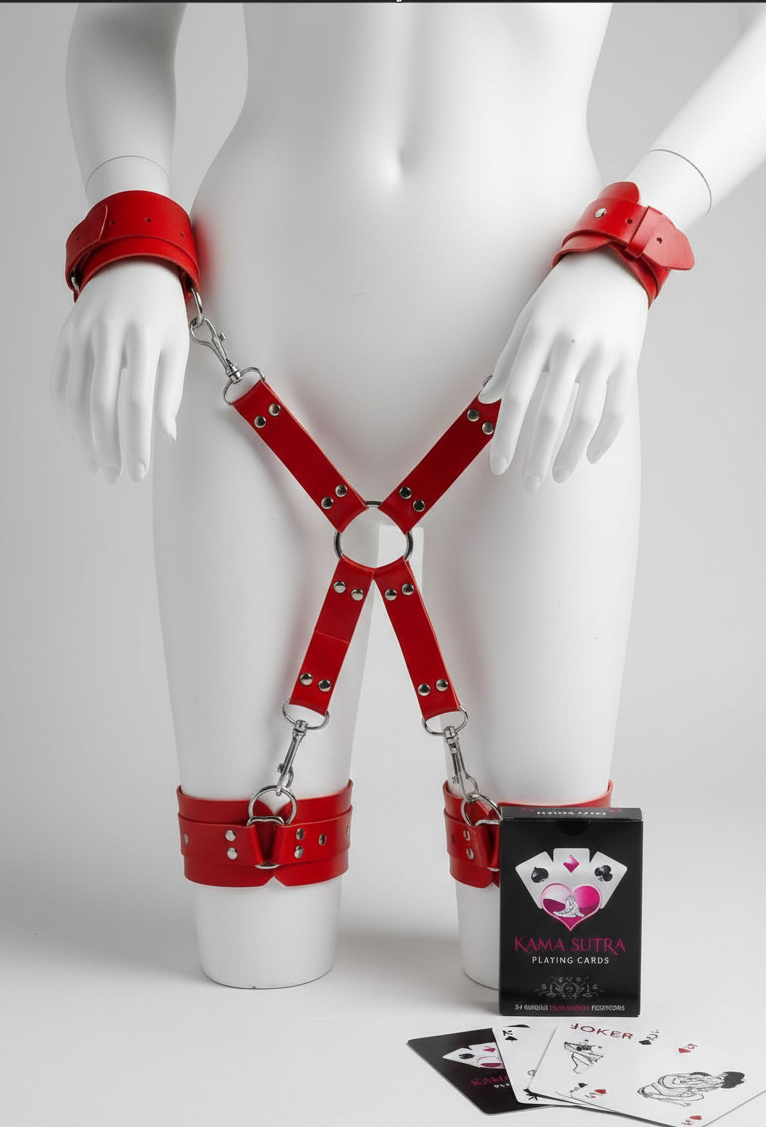 Sexy Görselli Oyun Kartı Kama Sutra Kırmızı Çapraz Bağlamalı Kelepçe Set
