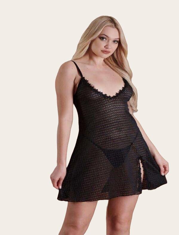 Arias Closet Siyah Yırtmaçlı Transparan Tül Fantezi Gecelik