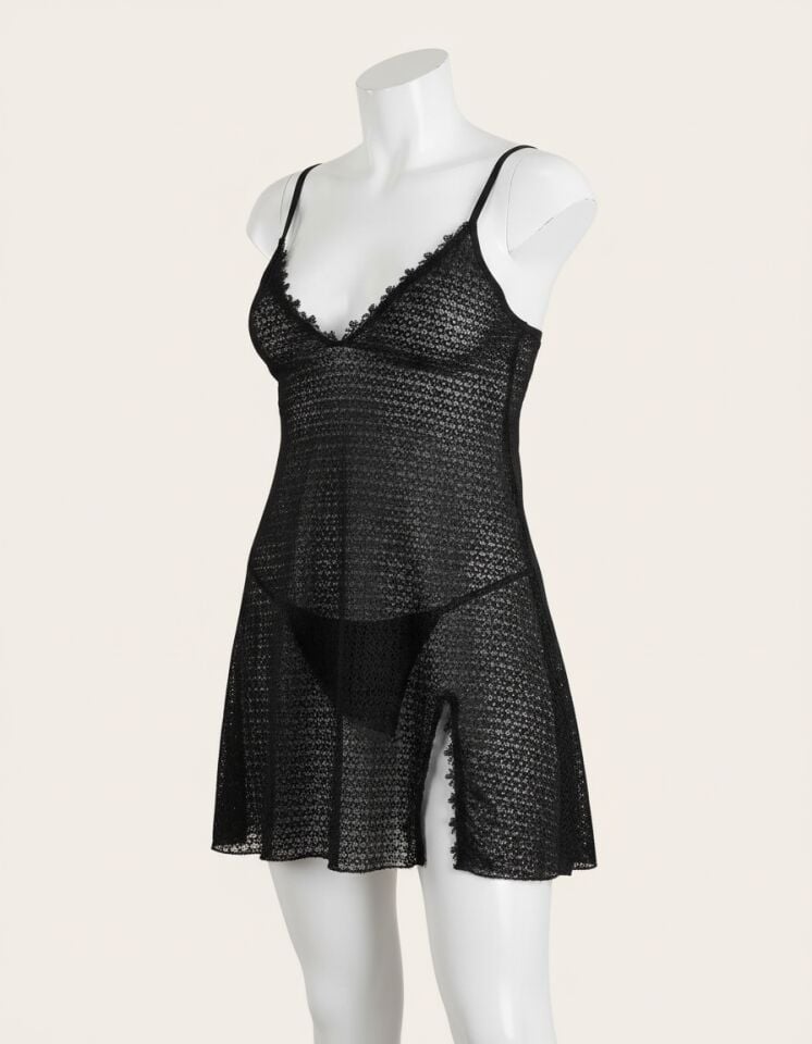 Arias Closet Siyah Yırtmaçlı Transparan Tül Fantezi Gecelik