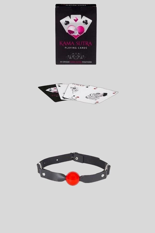 Arias Closet Sexy Görselli Oyun Kartı Kama Sutra Siyah Kırmızı Ağız Topu Set