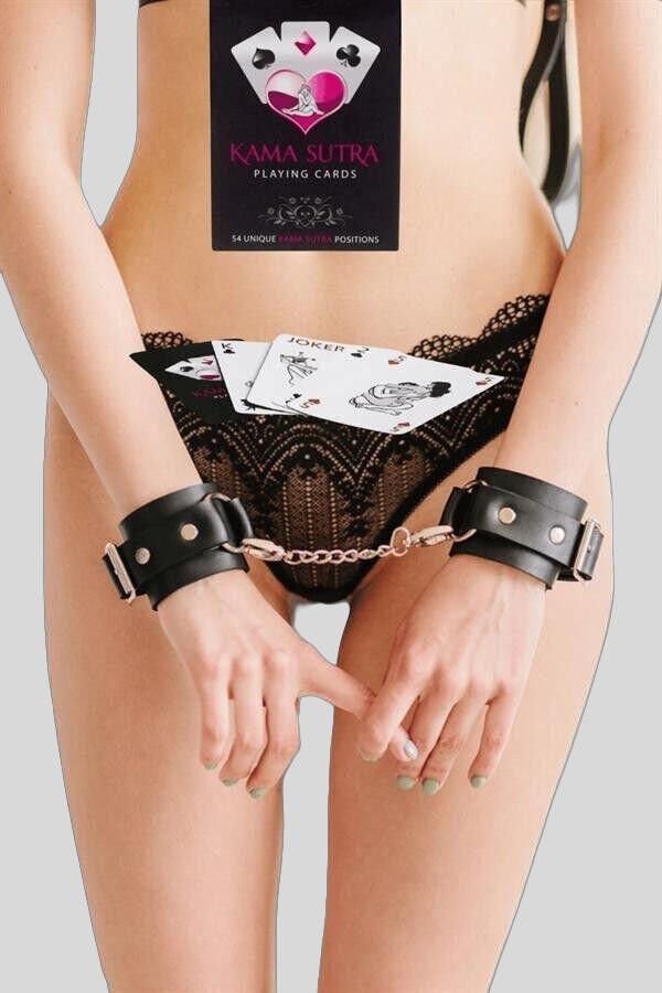 Sexy Görselli Oyun Kartı Kama Sutra Siyah Kelepçe Set