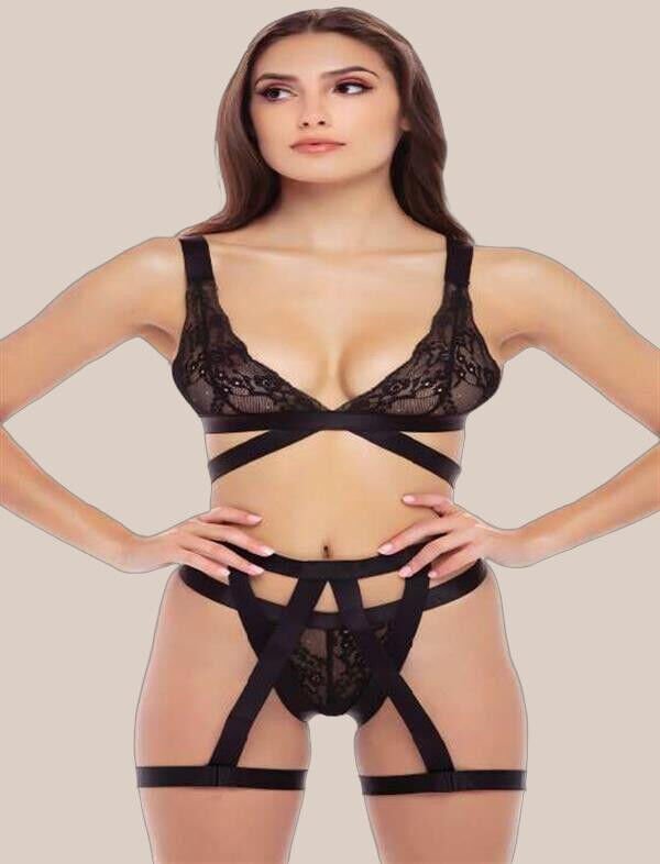 Siyah İp Aksesuarlı Fantezi Jartiyer Takım