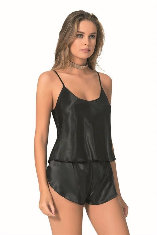 Arias Closet Siyah Saten Babydoll Şort Takımı
