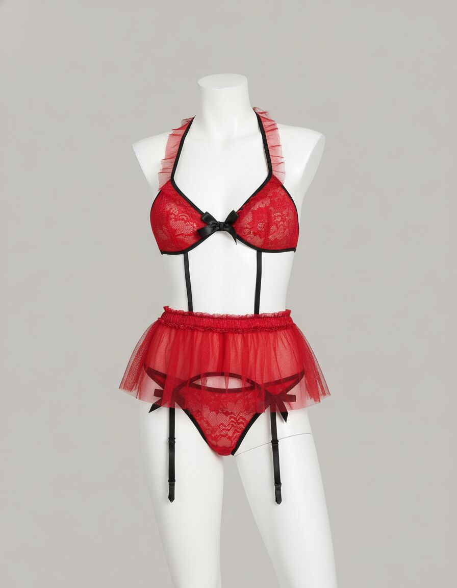 Arias Closet Kırmızı Tül Dantelli Fantezi Jartiyer Takım