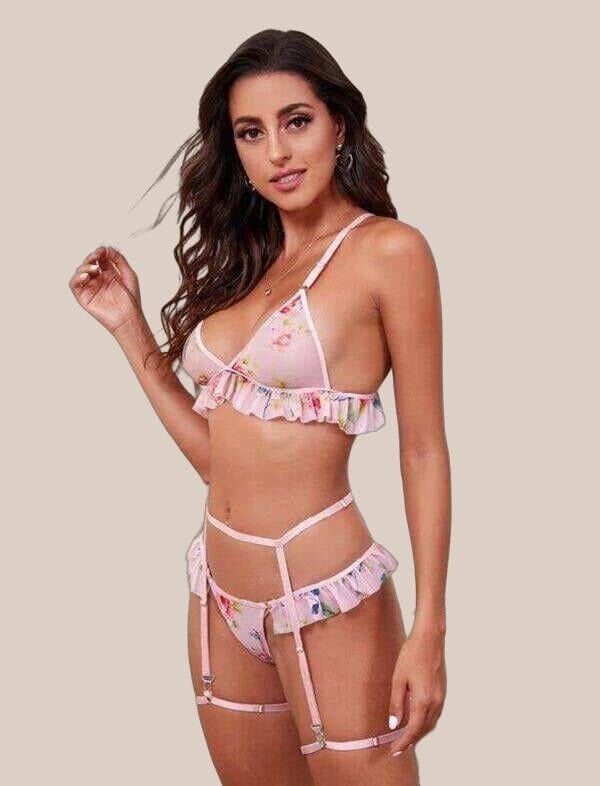 Arias Closet Pembe Çiçek Desen Fırfırlı Fantezi Jartiyer Takım