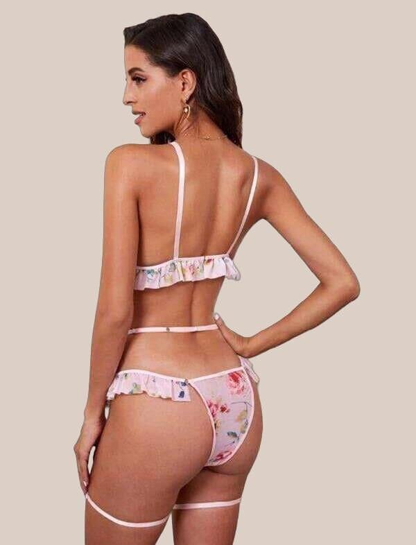 Arias Closet Pembe Çiçek Desen Fırfırlı Fantezi Jartiyer Takım