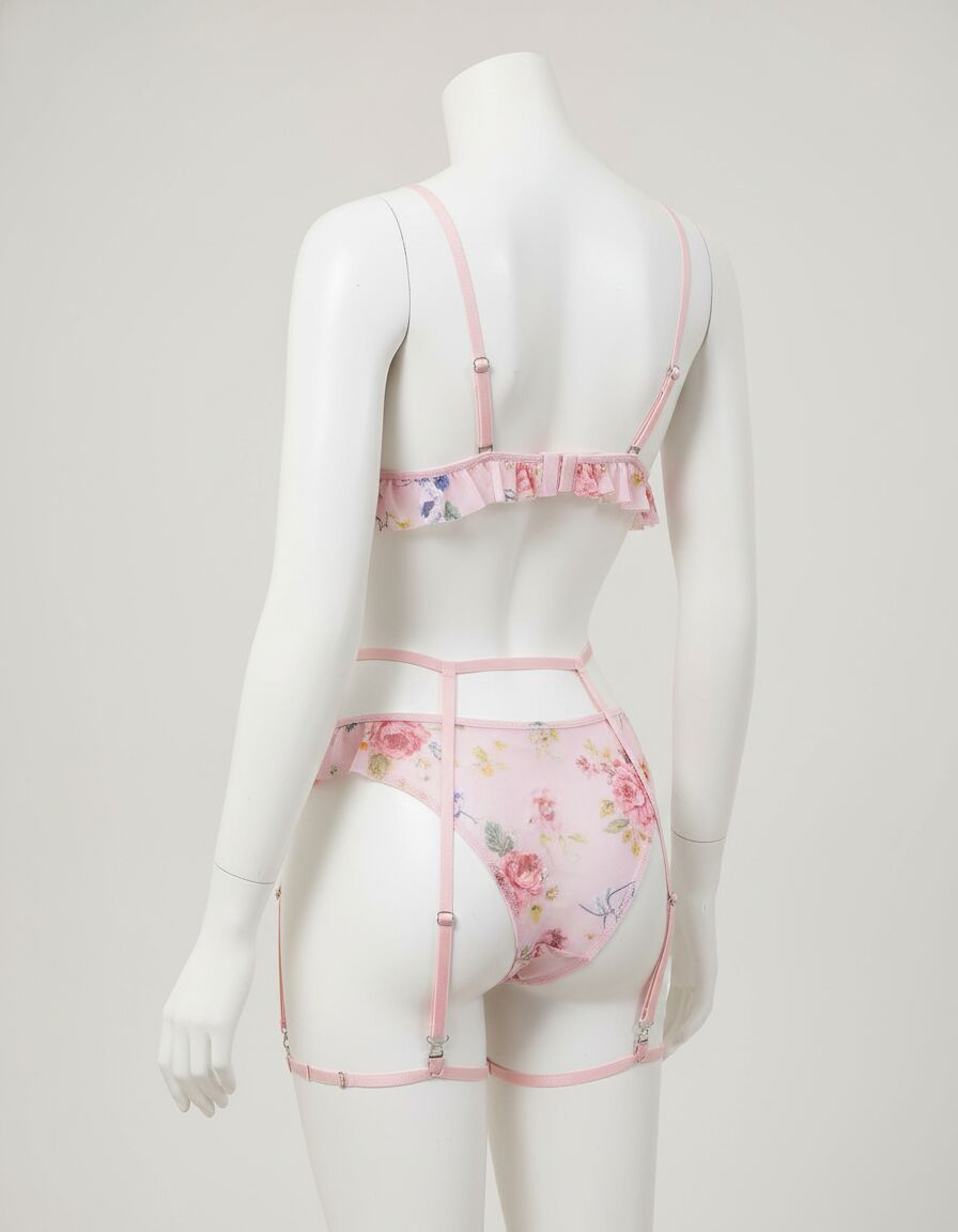 Arias Closet Pembe Çiçek Desen Fırfırlı Fantezi Jartiyer Takım