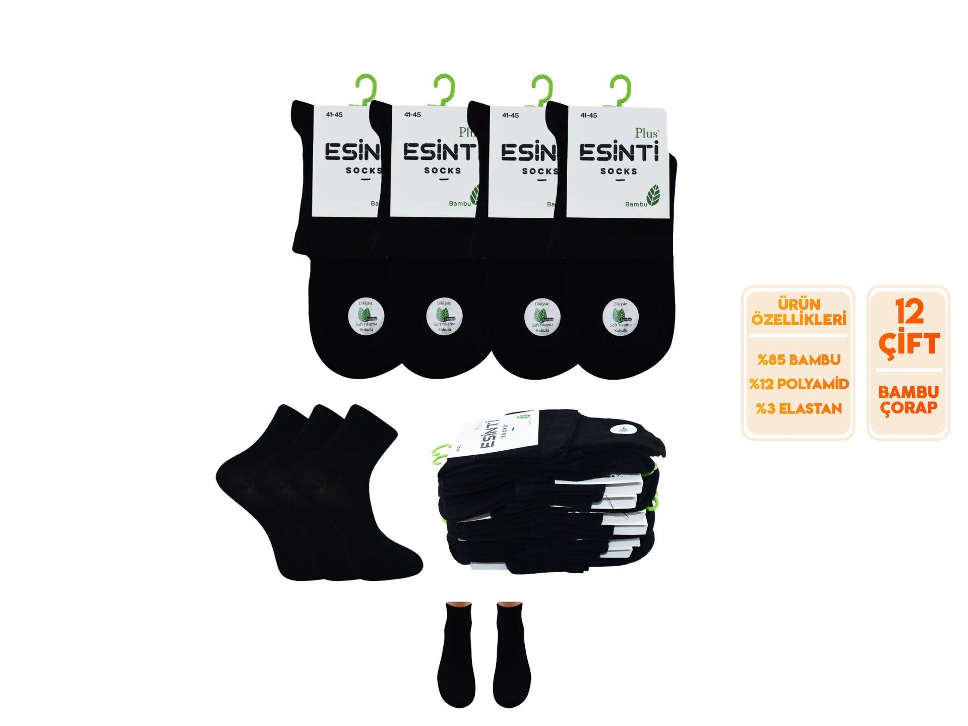 Esinti 31-Siyah Dikişsiz Yarım Konç Erkek Bambu Patik 12'li
