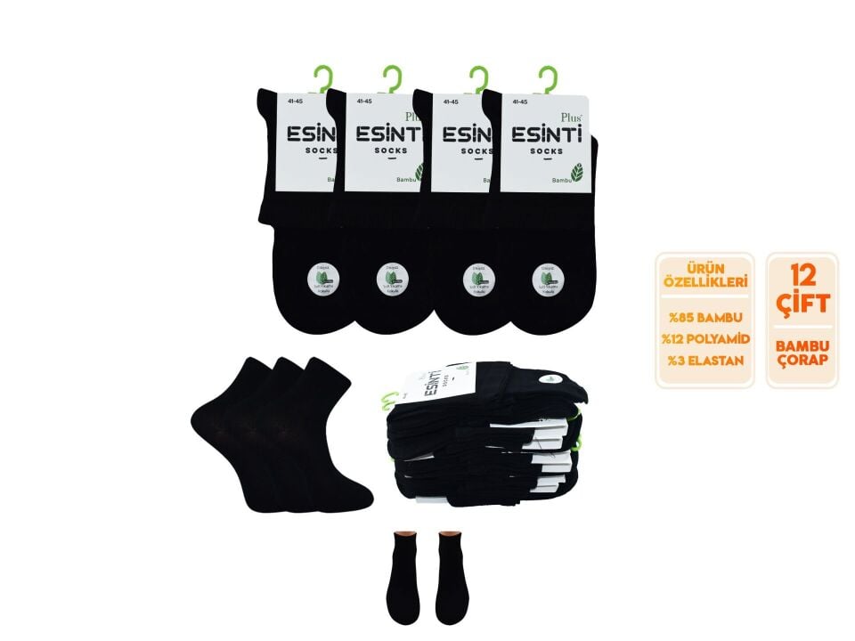 Esinti 31-Siyah Dikişsiz Yarım Konç Erkek Bambu Patik 12'li