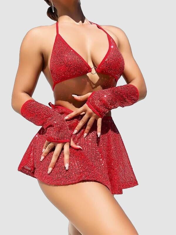Arias Closet Kırmızı Parıltılı Eldivenli Etekli Fantezi Takım