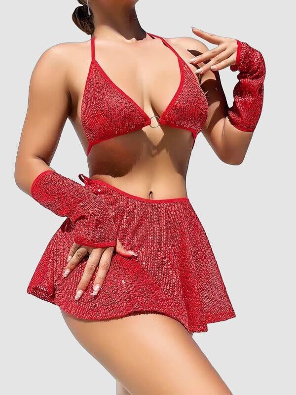 Arias Closet Kırmızı Parıltılı Eldivenli Etekli Fantezi Takım