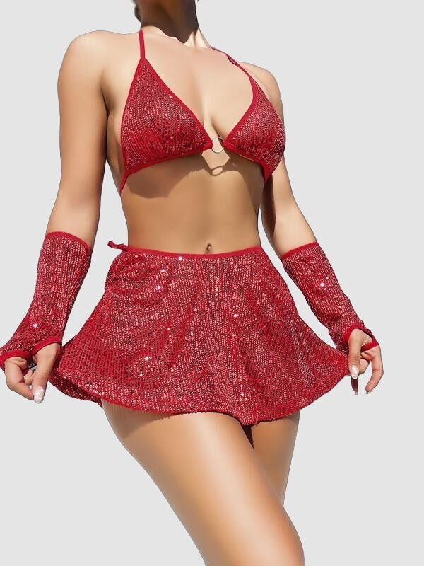 Arias Closet Kırmızı Parıltılı Eldivenli Etekli Fantezi Takım