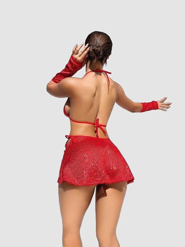 Arias Closet Kırmızı Parıltılı Eldivenli Etekli Fantezi Takım