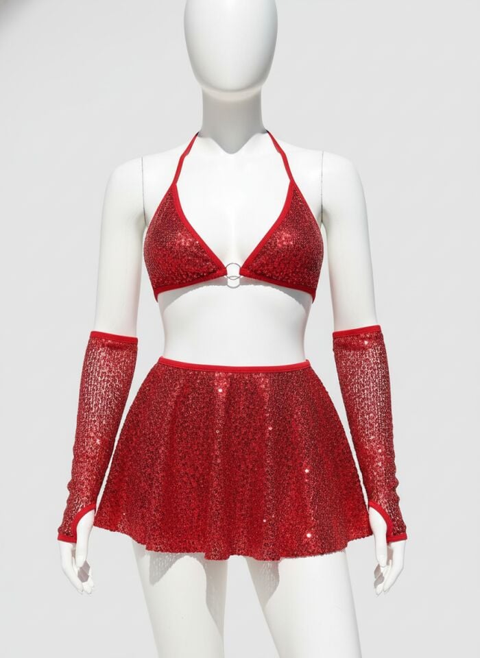 Arias Closet Kırmızı Parıltılı Eldivenli Etekli Fantezi Takım