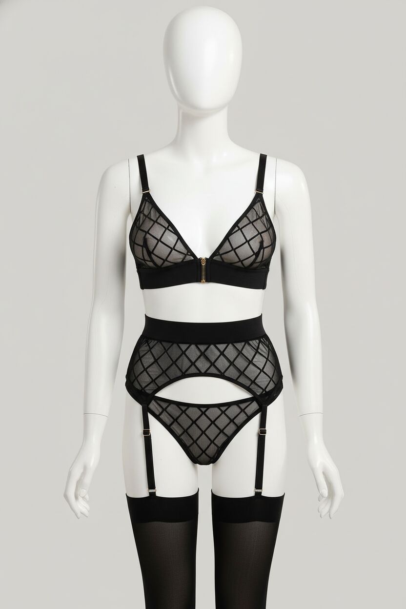 Arias Closet Siyah Bacak Bantlı Baklava Desenli Jartiyer Takımı