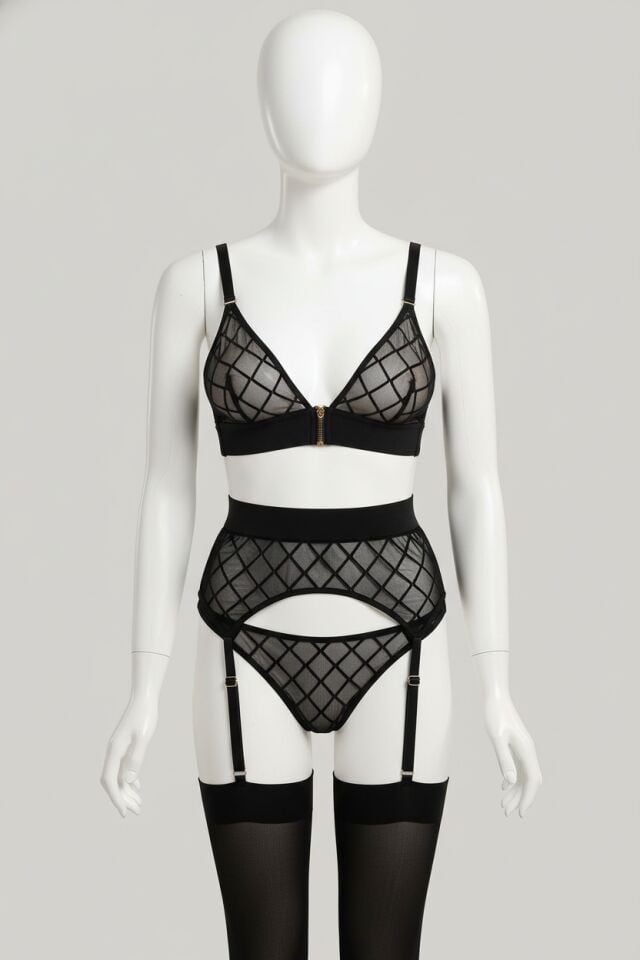 Arias Closet Siyah Bacak Bantlı Baklava Desenli Jartiyer Takımı