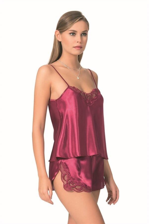 Arias Closet Bordo Saten Babydoll Şort Takımı
