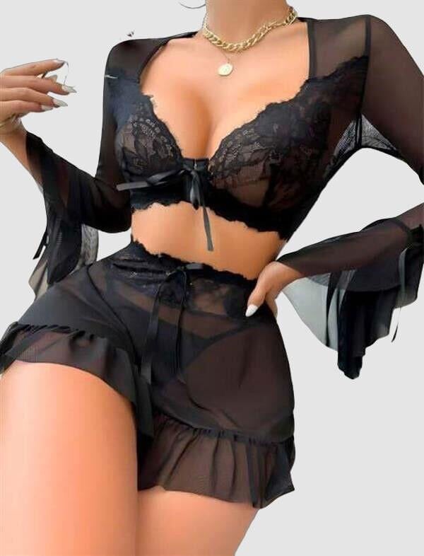 Arias Closet Siyah Dantelli Etekli Fantezi Tül Bolero Sütyen Takım