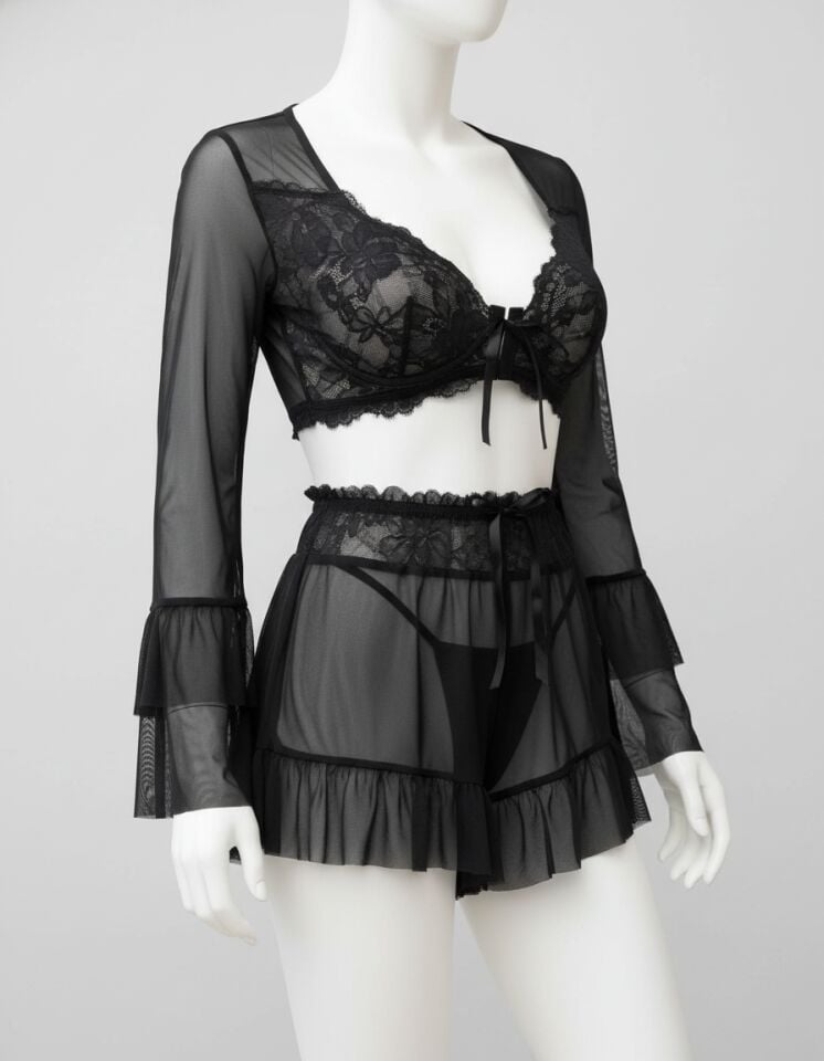 Arias Closet Siyah Dantelli Etekli Fantezi Tül Bolero Sütyen Takım