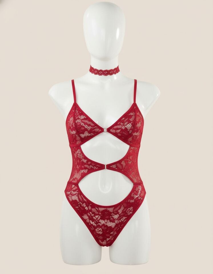 Arias Closet Kırmızı Transparan Dantelli Fantezi Babydoll