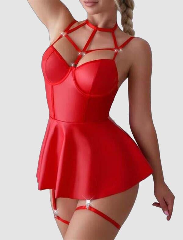 Arias Closet Kırmızı Fantezi Parlak Deri Şık Club Elbise