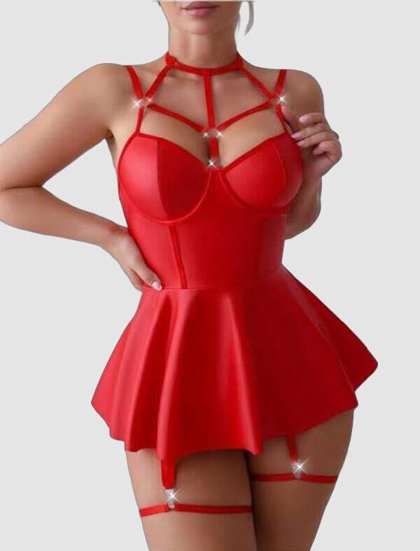 Arias Closet Kırmızı Fantezi Parlak Deri Şık Club Elbise