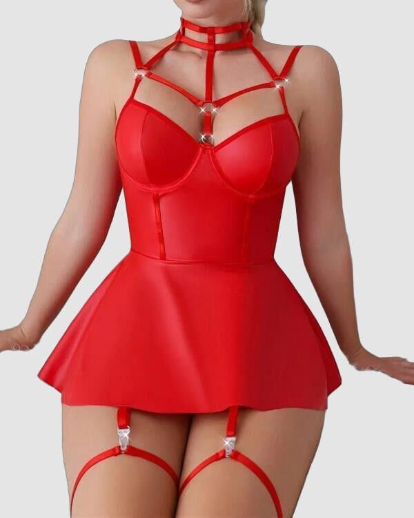 Arias Closet Kırmızı Fantezi Parlak Deri Şık Club Elbise