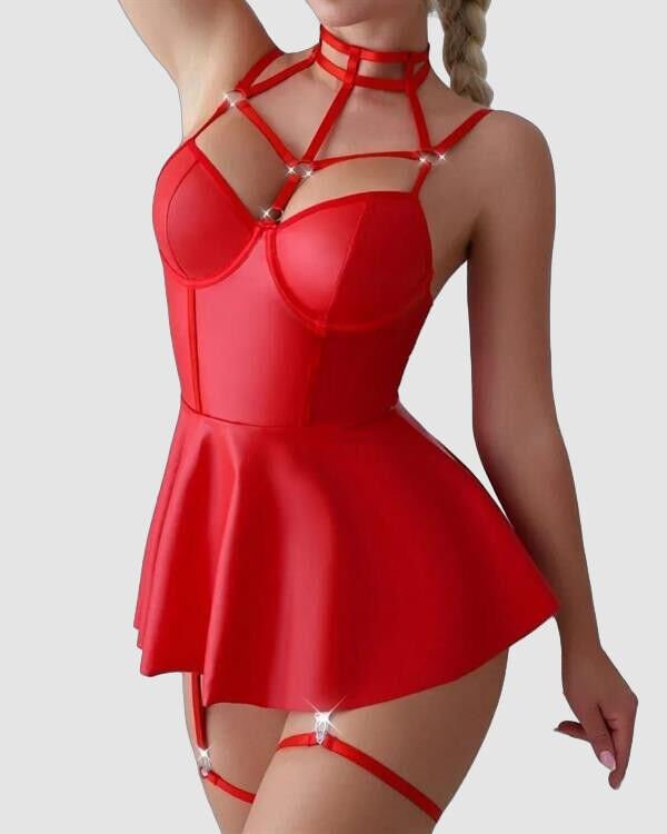 Arias Closet Kırmızı Fantezi Parlak Deri Şık Club Elbise