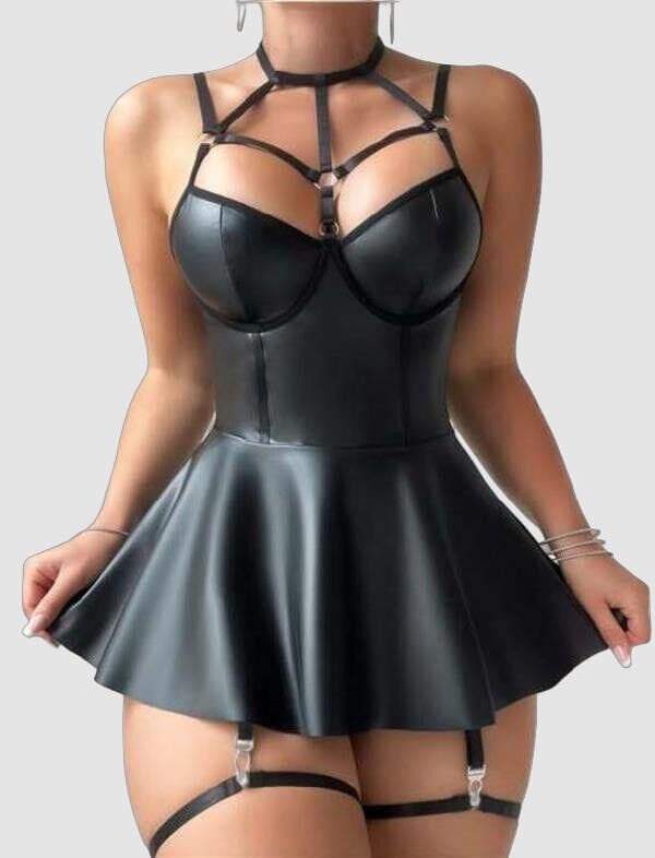 Arias Closet Siyah Fantezi Parlak Deri Şık Club Elbise