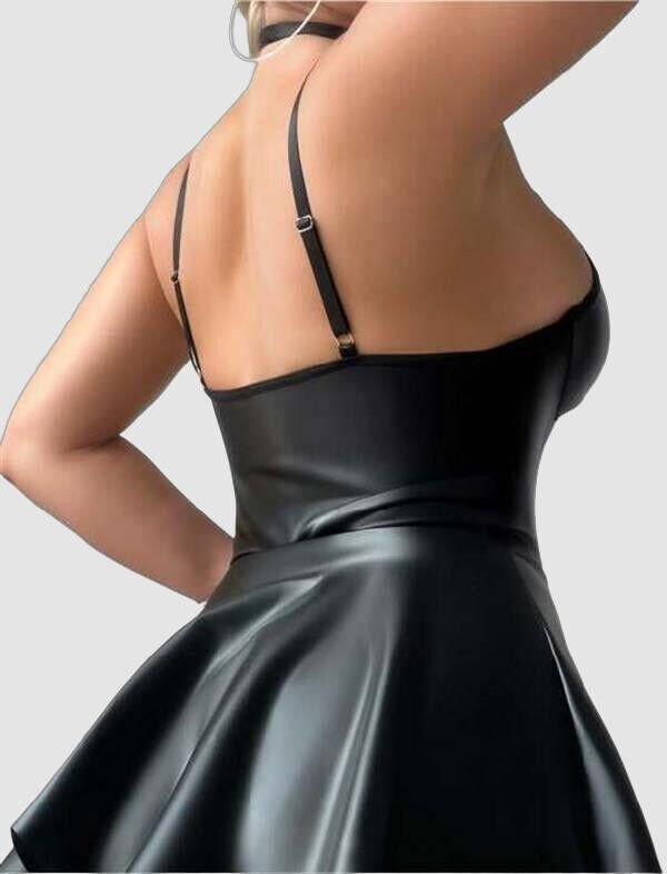 Siyah Fantezi Parlak Deri Şık Club Elbise