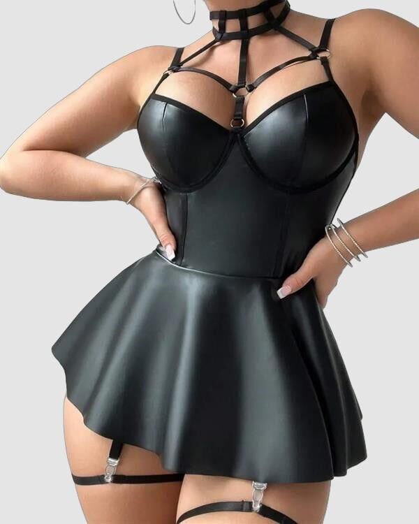 Siyah Fantezi Parlak Deri Şık Club Elbise