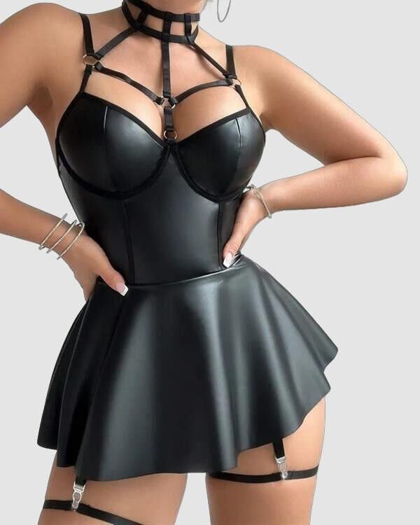 Siyah Fantezi Parlak Deri Şık Club Elbise