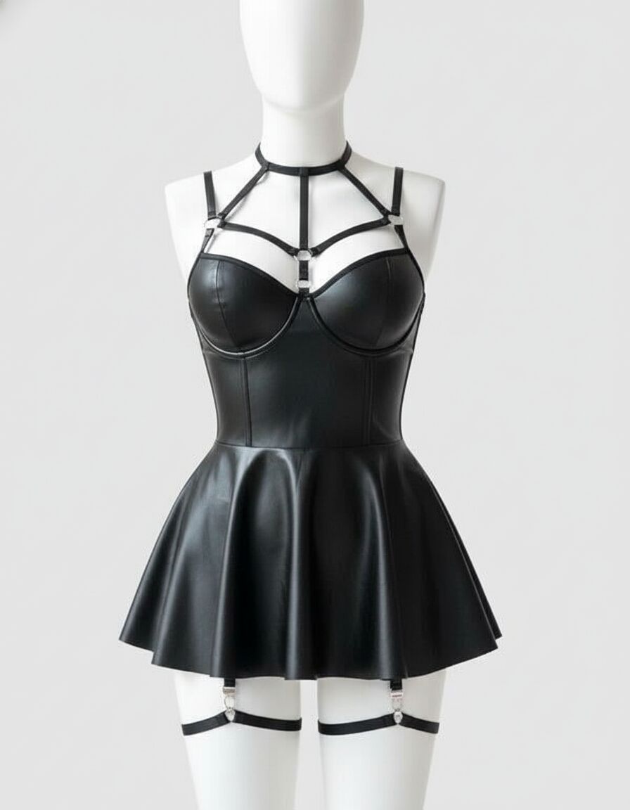 Siyah Fantezi Parlak Deri Şık Club Elbise