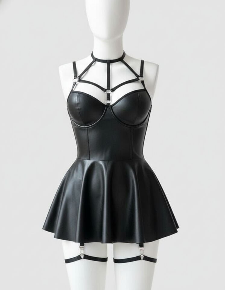 Arias Closet Siyah Fantezi Parlak Deri Şık Club Elbise