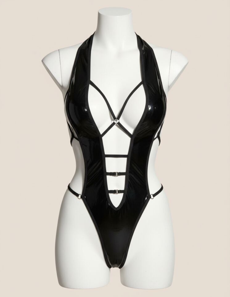 Arias Closet Siyah Parlak Deri İp Detaylı Fantezi Babydoll