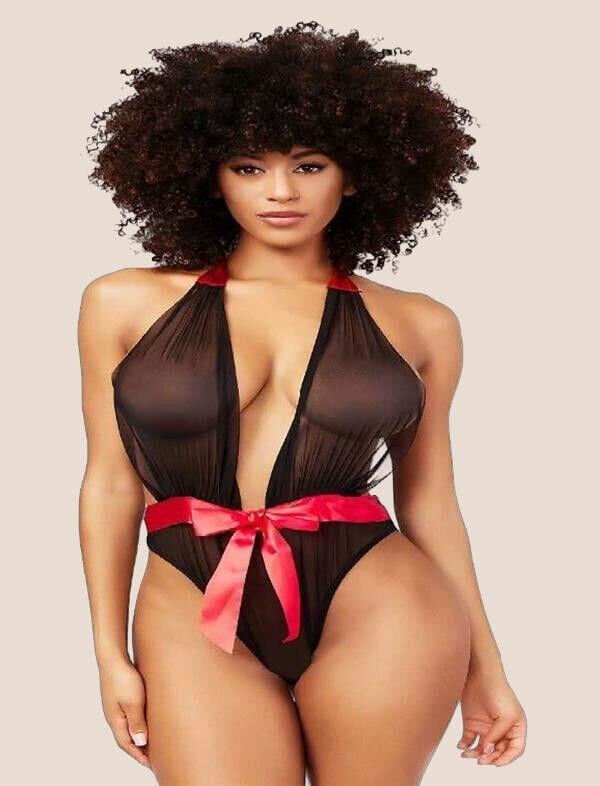 Arias Closet Siyah Transparan Tül Kırmızı Kurdelalı Fantezi Babydoll