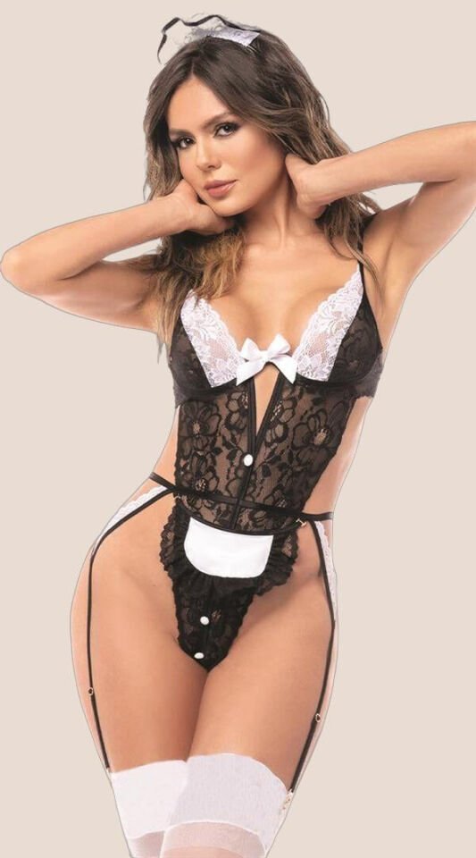 Arias Closet Siyah Dantelli Fantezi Body Hizmetçi Kostümü