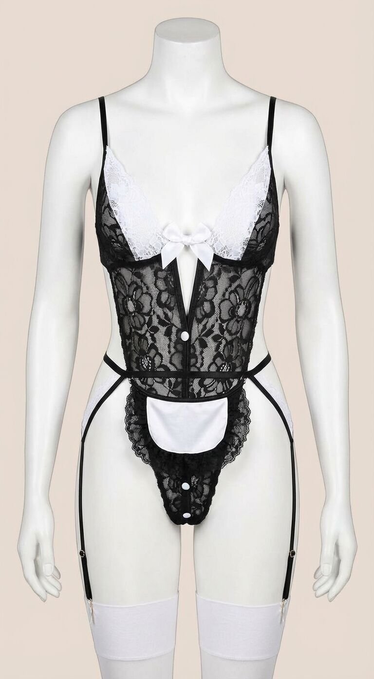 Siyah Dantelli Fantezi Body Hizmetçi Kostümü